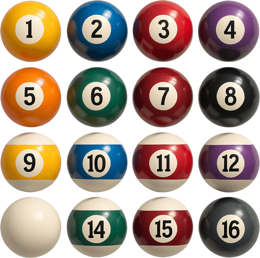16 ball of billiard, 3D colors, 3d texture, HD colors.
In-Game asset.  High contrast.  No shadows. 3D