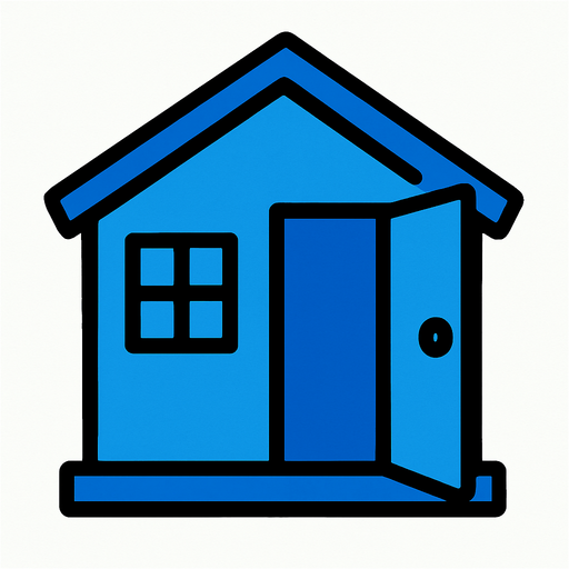 blue house, open door looking left.
In-Game asset.  2d.  High contrast.  No shadows