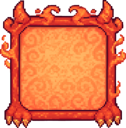 A square pixel art character selection frame inspired by a cute baby dragon. The frame includes fantasy elements like tiny dragon horns on the top corners, small claws at the bottom, and subtle flame or smoke decorations curling around the edges. The background inside the frame should have a soft and decorative texture, matching the baby dragon theme, using soft red, orange, and golden tones. The character will be placed on top of this frame later, so leave the center visually calm and not too detailed. The frame should be viewed from the front and designed for a 2D game UI..
In-Game asset.  2d.  High contrast.  No shadows. pixel art. front view. fantasy. cute. retro. pastel colors. ui element