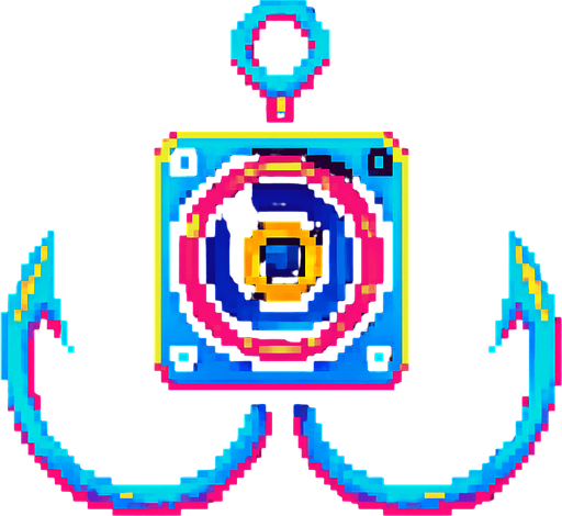 A double sided fishing hook with a small speaker in the center. 80s arcade machine graphics..
In-Game asset.  2d.  High contrast.  No shadows