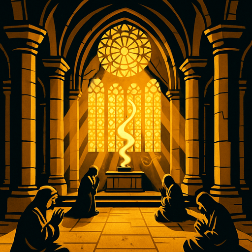 A golden medieval temple with wide columns, sun shining through stained glass, incense rising, pilgrims praying in silence.
In-Game asset.  2d.  High contrast.  No shadows