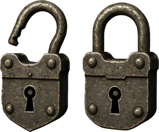 Old metal lock opened and closed.
In-Game asset.  3d.  High contrast.  No shadows