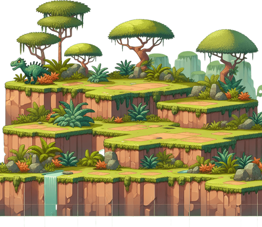 2d platfrom game background with a platform in the middle of the screen all wide resembling a jurassic world.
Single Game Texture.  In-Game asset.  2d.  Blank background.  High contrast.  No shadows