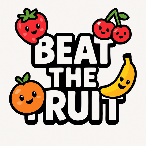 "Beat the Fruit" titulo para el juego, muestra las letras en grande blancas con un borde negro y sin fondo, con algunas frutitas felices junto a las letras.
In-Game asset.  2d.  High contrast.  No shadows