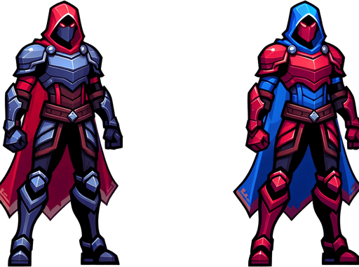 MG hero red and blu.
Single Game Texture.  In-Game asset.  2d.  Blank background.  High contrast.  No shadows