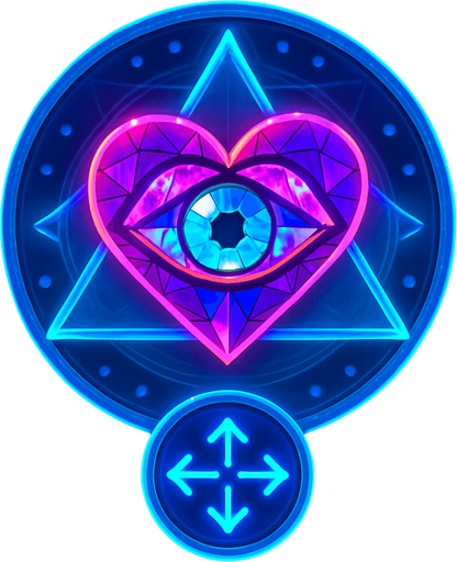 Neon cyberpunk mobile game button magic gemstone crystal sigil eyeball heart triangle topdown flat 3d 2d hologram futuristic glowing occult chic