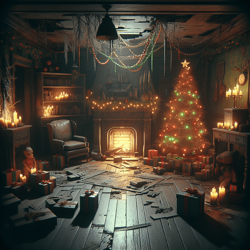 Eerie Christmas-inspired room similar to a resident evil room
Single Game Texture. In-Game asset. 2d. Blank background. High contrast. No shadows.