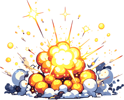 Initial Impact:

Start with a bright flash of light (yellow or white) at the point of collision to indicate the impact.
Explosion Burst:

Create a series of expanding fireballs with glowing orange, red, and yellow hues.
Add smoke trails or debris flying outward from the center of the explosion.
Animation Details:

Make the explosion dynamic, starting with a fast expansion and then slowly fading out.
Include flickering or sparking effects for added realism.
Duration:

The entire animation should last around 0.5–1 second to ensure it feels impactful but doesn't interrupt gameplay flow.
Style:

Match the art style of the game, whether it's realistic, cartoonish, or pixelated, to ensure consistency..
Single Game Texture. In-Game asset. 2d. Blank background. High contrast. No shadows.