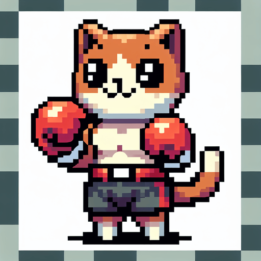 a cute anthropomorphic cat wearing boxing shorts and boxing gloves, pixel art
Single Game Texture. In-Game asset. 2d. Blank background. High contrast. No shadows.