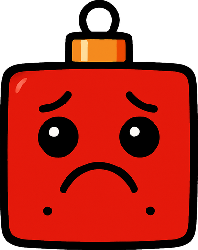 a sad square red Christmas decoration..
In-Game asset.  2d.  High contrast.  No shadows