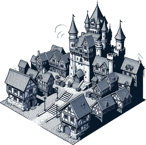 An animated image a medieval city with a castle.
Single Game Texture. In-Game asset. 2d. Blank background. High contrast. No shadows.