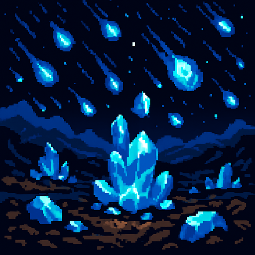 Gran paisaje con piedras brillantes azules callendo del cielo , pixelart.
In-Game asset.  2d.  High contrast.  No shadows