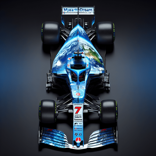 F1 race car. Glossy blue body painting and half covered with planet blue Earth. 
Blue front wing. 
myearthdream.com text on black rear wing. 7 number  on the nose of the car. Red Honda logo with White R logo on the nose of the car. Top view..
Single Game Texture. In-Game asset. 2d. Blank background. High contrast. No shadows.