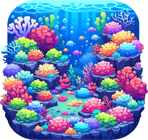 A colorful underwater coral reef background. Cartoon
Single Game Texture.  In-Game asset.  2d.  Blank background.  High contrast.  No shadows