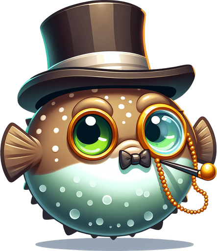 the face of a puffer fish with a top hat and monocle. facing straight forward. cartoon. color
Single Game Texture.  In-Game asset.  2d.  Blank background.  High contrast.  No shadows