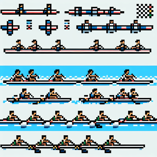 sprite sheet for a rowing olympic boat. the boats needs to be arranged organized for easy cropping. bird-view perspective. pixelated. 8-bit.
Single Game Texture. In-Game asset. 2d. Blank background. High contrast. No shadows.