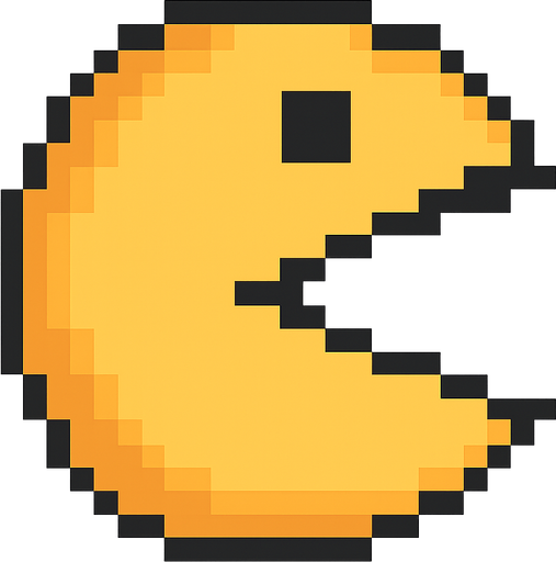 Pacman with mouth opened pixilated . No background. Transparent background. Blank background. No shadows. 2d. In-Game asset. flat