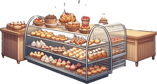 interieure de patiserie.
Single Game Texture. In-Game asset. 2d. Blank background. High contrast. No shadows.