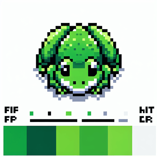 pixel art of a flat green frog, top down view.
White background, high contrast, shadowless.