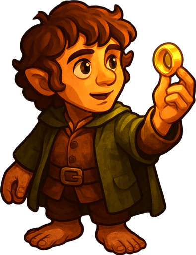 A stylized full-body illustration of a small hobbit holding a glowing ring in one hand, viewed from a 45-degree angle. The hobbit has curly hair, bare feet, and wears rustic, earth-toned clothing with detailed textures. The scene has warm, soft lighting emphasizing the character’s expressive face and the shining ring. The art style is cartoonish with rich colors, smooth shading, and a fantasy atmosphere..
In-Game asset.  2d.  High contrast.  No shadows