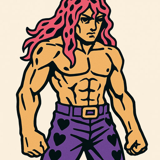 Un hombre con pelo largo color rosado con manchas negras y sin camisa con pantalón morado jojo's.
In-Game asset.  2d.  High contrast.  No shadows
