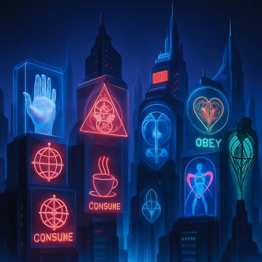 Neon cyberpunk city metropolis skyline skyscraper occult corporate logos-mixed with dark esoteric sigils capitalist subliminal commands 3d holograms billboards projections brutalist sleek architecture futuristic architecture multidimensional towering city spires glowing