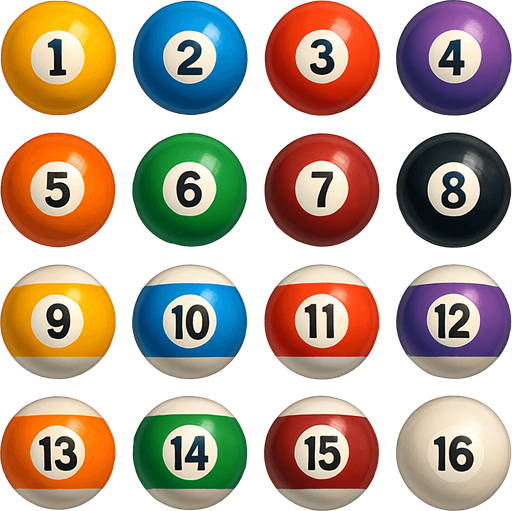 16 ball of billiard, 3D colors, 3d texture, HD colors.
In-Game asset.  High contrast.  No shadows. 3D