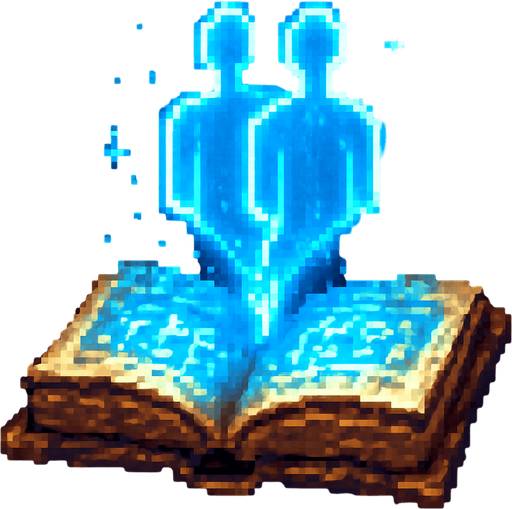 "2D pixel art of a glowing blue clone symbol emerging from an open magical book. The book is ancient, with worn leather covers and glowing runes on its pages. The clone symbol appears to float above the book, made of shimmering blue magical energy, slightly transparent and radiating light. The symbol has a mirrored silhouette or double shape to suggest duplication or cloning. The style is fantasy-themed, suitable for a magic RPG icon or visual effect. Lighting is soft but magical, with a focus on the glowing blue symbol. Classic 16-bit pixel art style. Transparent background.".
In-Game asset.  2d.  High contrast.  No shadows