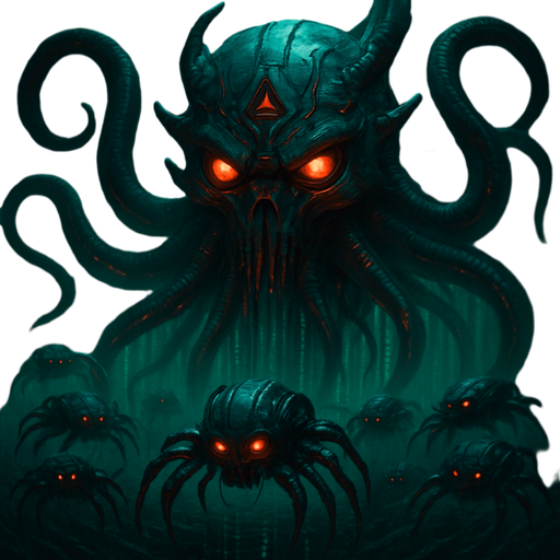 Giant head cyberpunk robot squid demon giant head tentacles behind matrix sentinels