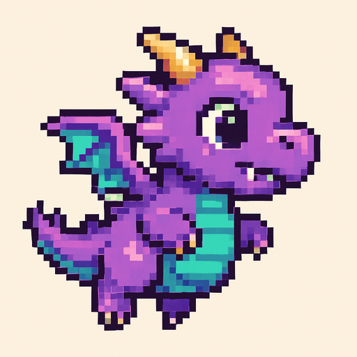 A pixel art baby dragon character designed for a 2D side-scrolling game, viewed from the side. The dragon has small wings, a chubby body, and a cute cartoonish face. It has small horns, a short tail, and colorful scales—shades of purple and teal. The dragon is in a flying pose, flapping its wings. Its eyes are big and expressive, and it has tiny fangs showing. The overall design is playful and fantasy-inspired, while still fitting a retro arcade pixel style..
In-Game asset.  2d.  High contrast.  No shadows. pixel art. side view. game character. baby dragon. cute. fantasy. retro style
