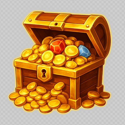 Crea un asset para el símbolo 'S' (Scatter) de Megaways: un Cofre del Tesoro o Bolsa de Dinero.
Un cofre del tesoro abierto, desbordando monedas de oro y joyas, o una bolsa de dinero con el signo '$'. Debe ser visualmente atractivo y sugerir una recompensa. Colores dorados, marrones y brillantes. Estilo de casino de aventura. Fondo transparente. Símbolo de bonificación.
In-Game asset.  2d.  High contrast.  No shadows