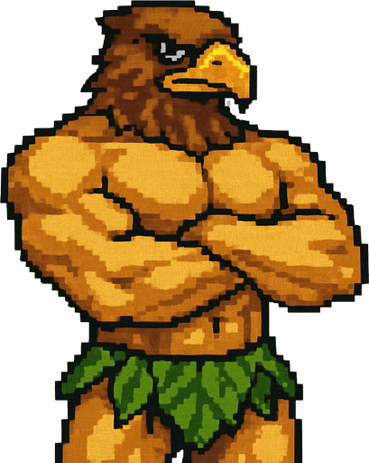 Aguila real furry fuerte cruzando los brazos sin camisa y gran pectoral con un taparrabos de hojas pixeleado todo el cuerpo.
In-Game asset.  2d.  High contrast.  No shadows