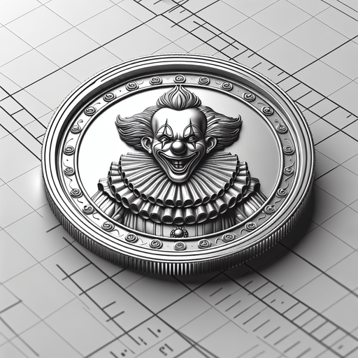 silver coin with clown image.
Single Game Texture.  In-Game asset.  2d.  Blank background.  High contrast.  No shadows