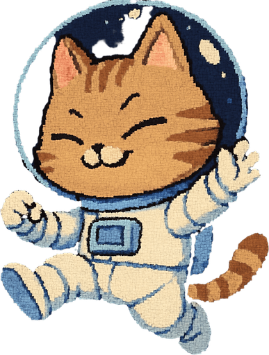 A cute kitten, illustrated in an adorable chibi anime style and wearing an astronaut suit, is leaping through outer space with a smug, confident smile on its face. Its pose is full of playful energy