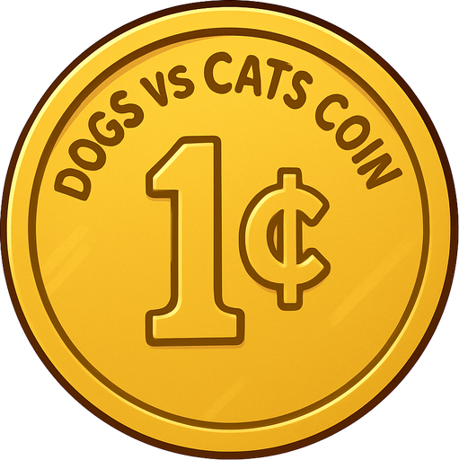 A golden shining coin with the words “dogs vs cats coin” at the top and the coin says “1¢” . No background. Transparent background. Blank background. No shadows. 2d. In-Game asset. flat