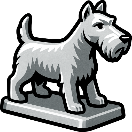 Köpek şeklinde gümüş monopoly piyonu yap.
In-Game asset.  2d.  High contrast.  No shadows