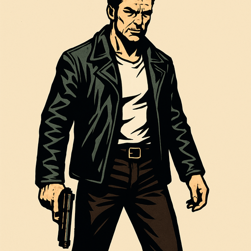 draw a man like max payne.
In-Game asset.  2d.  High contrast.  No shadows