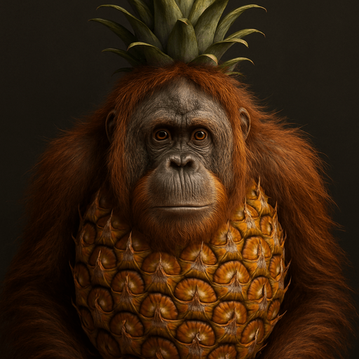 Haz a un orangután con cuerpo de piña, Ultra Realista.
In-Game asset.  2d.  High contrast.  No shadows. Ultra Realista