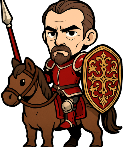 Un caballero jinete en estilo chibi/cuerpo completo. Es un hombre delgado de aproximadamente 50 años, con barba de chivo bien marcada y expresión seria pero orgullosa. Lleva una armadura roja con detalles plateados brillantes, elegante y clásica. Porta una larga lanza de justas en una mano y un gran escudo ovalado en la otra, el cual está muy decorado con símbolos y adornos llamativos. Está montado sobre un caballo robusto y elegante, en pose firme y heroica. El estilo es chibi, pero mantiene la imponencia de un caballero veterano..
In-Game asset.  2d.  High contrast.  No shadows