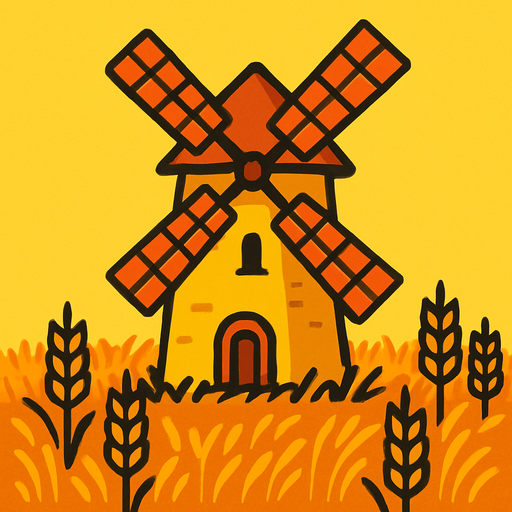 טחנת דגן בלב שדה חיטה עם רקע צהוב.
In-Game asset.  2d.  High contrast.  No shadows