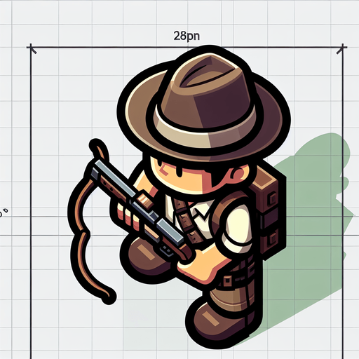 A man with a crowwbow in a hat from above cartoon style.
Single Game Texture. In-Game asset. 2d. Blank background. High contrast. No shadows.