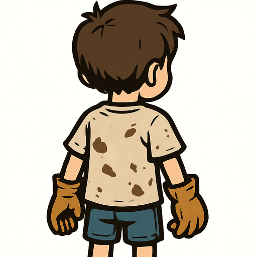 5-year-old boy with his back turned wearing a worn t-shirt and work gloves.
In-Game asset.  2d.  High contrast.  No shadows. Cartoon