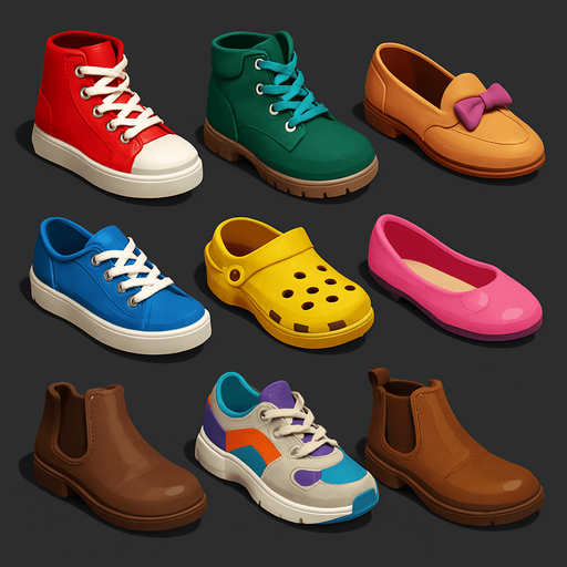 Pack of different shoes.
In-Game asset.  High contrast.  No shadows. 3D