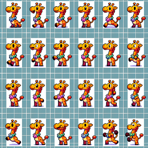 A spritesheet with a number of poses of a cartoonish giraffe with a seashell necklace, smiling, walking, waiting, standing, ordering, turning, etc. all seen from the side.The spritesheet should be laid out in a rectangular grid with clear space between each individual sprite. Each sprite in the sheet should be around 300x600 pixels in size..
Single Game Texture. In-Game asset. 2d. Blank background. High contrast. No shadows.