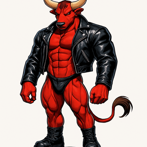 idle animation hunky Minotaur man Cyberpunk manga, minotaur monster hunk, shiny black leather biker jacket longsleeves shirtless muscles, jockstrap combat boots, Background removed, "Full-body character, entirely in frame, no cropping of face, head, or feet" "Complete character visible, from horns to hooves, fully centered in the image" "Entire character, including face and boots, fully within the frame" Character fully contained within a square frame, no edges cut off fashion model idle pose