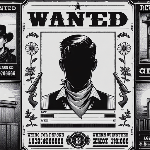 western wanted poster.
Single Game Texture. In-Game asset. 2d. Blank background. High contrast. No shadows.