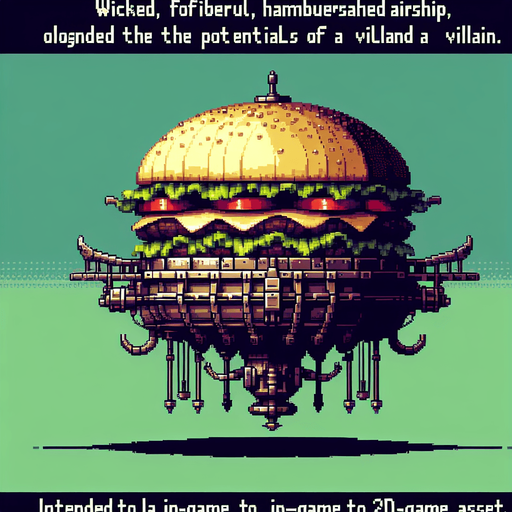 an evil burger airship.
Single Game Texture. In-Game asset. 2d. Blank background. High contrast. No shadows. 8bit