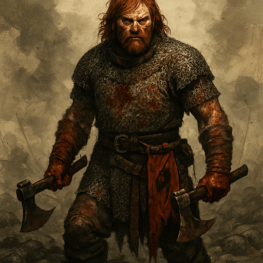 A brutal mercenary captain in blood-stained chainmail, wielding twin axes. Male, 40 years old, muscular and wild, shoulder-length red hair, fiery amber eyes, freckled and scarred face. A severed banner tied to his belt, his hands wrapped in bloodied leather. He stands amidst fallen enemies in a smoky battlefield. Realistic, highly detailed, brutal war setting. realistic.
In-Game asset.  2d.  High contrast.  No shadows
