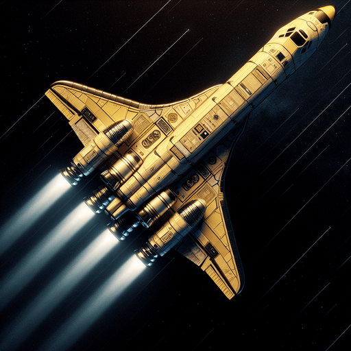 Create a highly detailed image of a space shuttle top view with no angel soaring through deep space. The shuttle should have a sleek, aerodynamic design with visible engines emitting a faint blue glow. It should feature realistic textures, metallic surfaces, and visible symbols. Make the shuttle color Yellowish. Make it straight going forward.
Single Game Texture. In-Game asset. 2d. Blank background. High contrast. No shadows.
