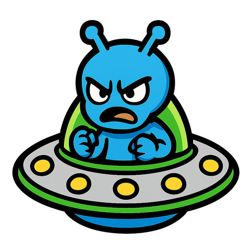 Blue alien in a UFO, he’s mad and his body is inside the ufo.
In-Game asset.  2d.  High contrast.  No shadows